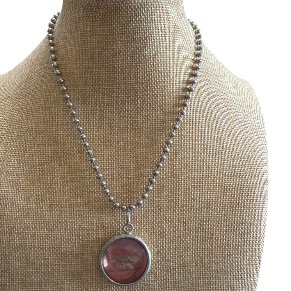 Handmade Bird Pendant Necklace Silver Tone Ball Chain Round Glass Cabochon Boho